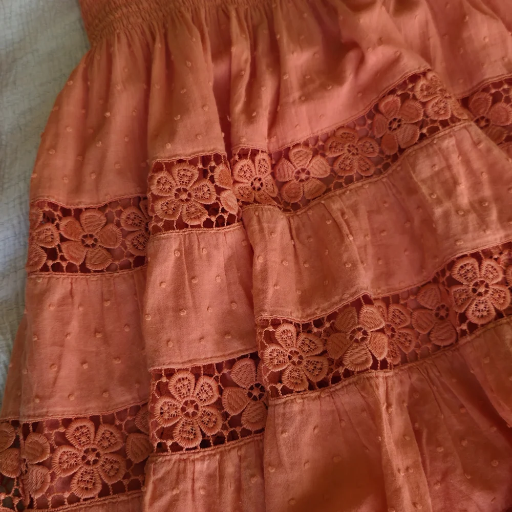 Organge Lace Cottagecore Mini Dress Long Sleeves Romantic Boho Prairie Smocked - Picture 9 of 10